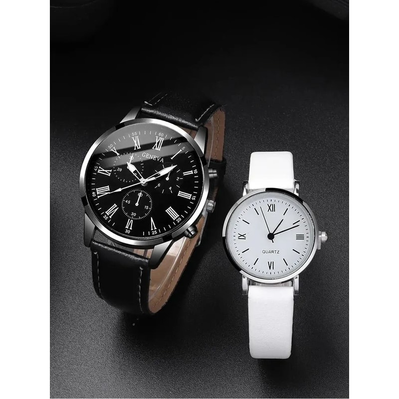 Couple Quartz Watch Set With Leather Bands And Love Pendant Necklace 4 Piece Set 1