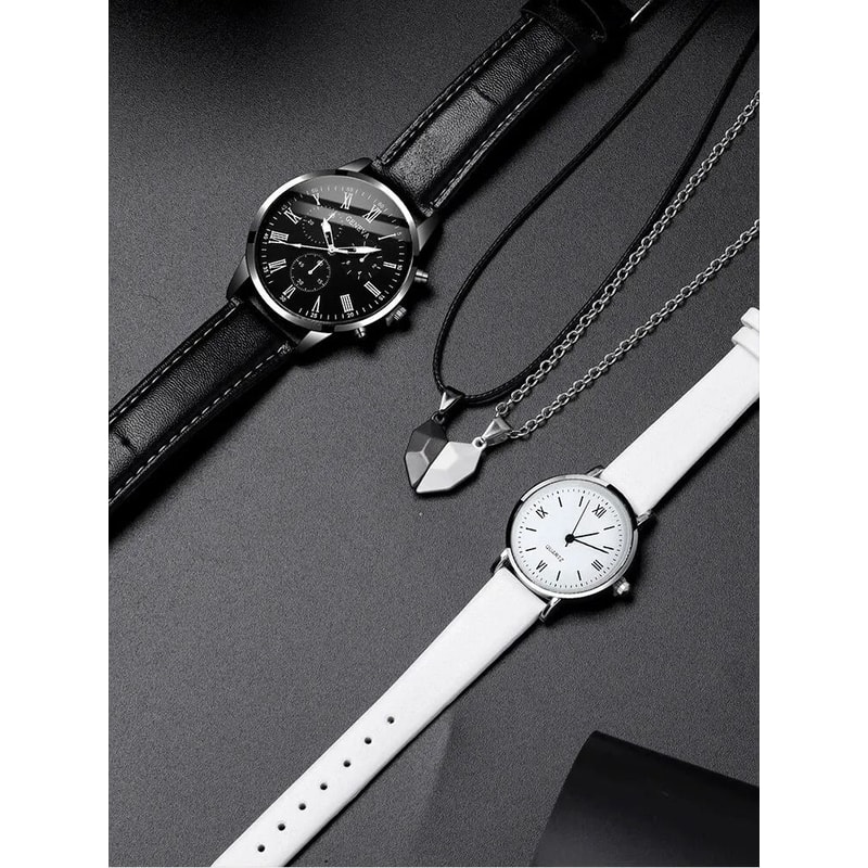 Couple Quartz Watch Set With Leather Bands And Love Pendant Necklace 4 Piece Set 2