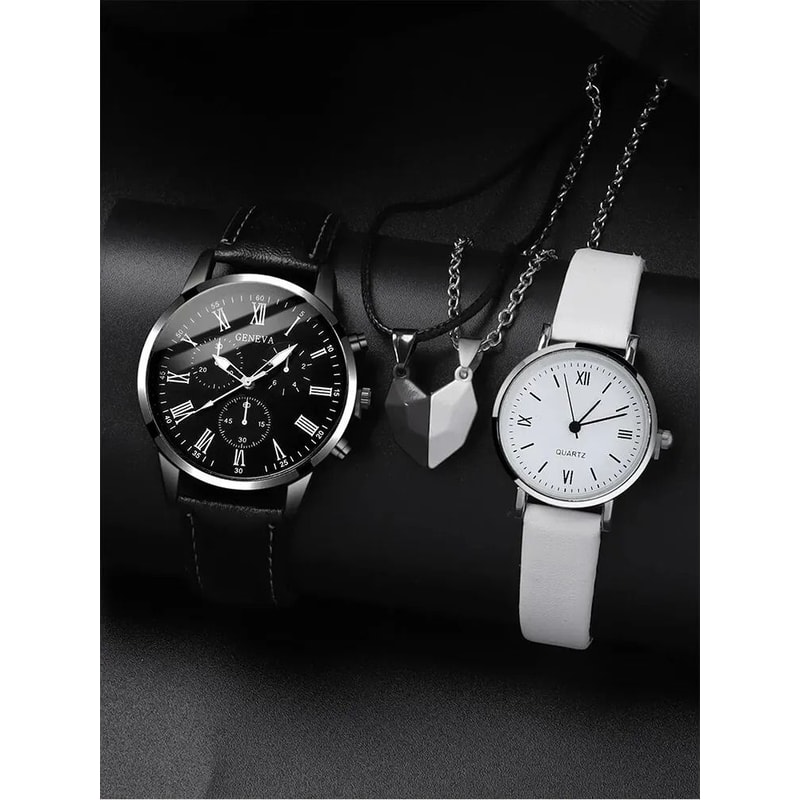 Couple Quartz Watch Set With Leather Bands And Love Pendant Necklace 4 Piece Set 5