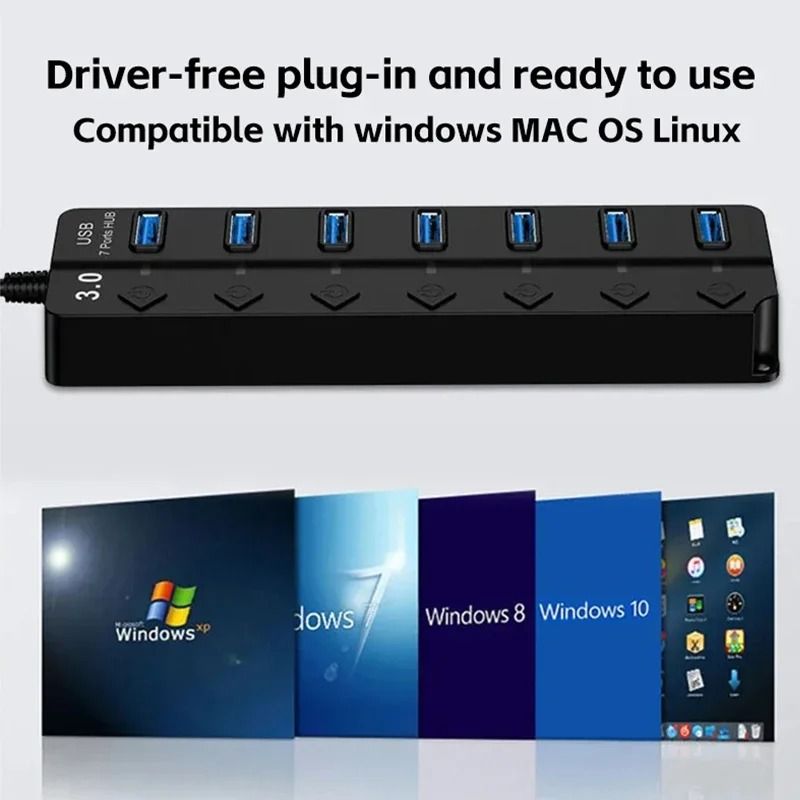 USB Hub 4 In 1 Or 7 In 1 Multi Port Splitter With Independent Power Switch And USB Cable 2