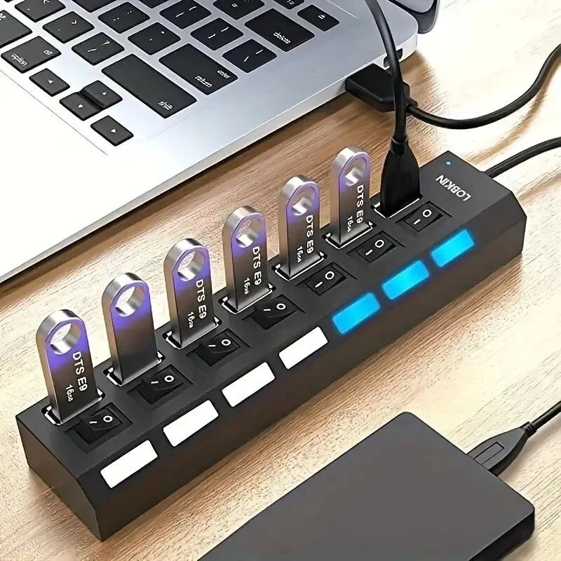 High Speed USB Hub 4 Port Or 7 Port Multi Splitter With LED Switch For PC And Laptop 0
