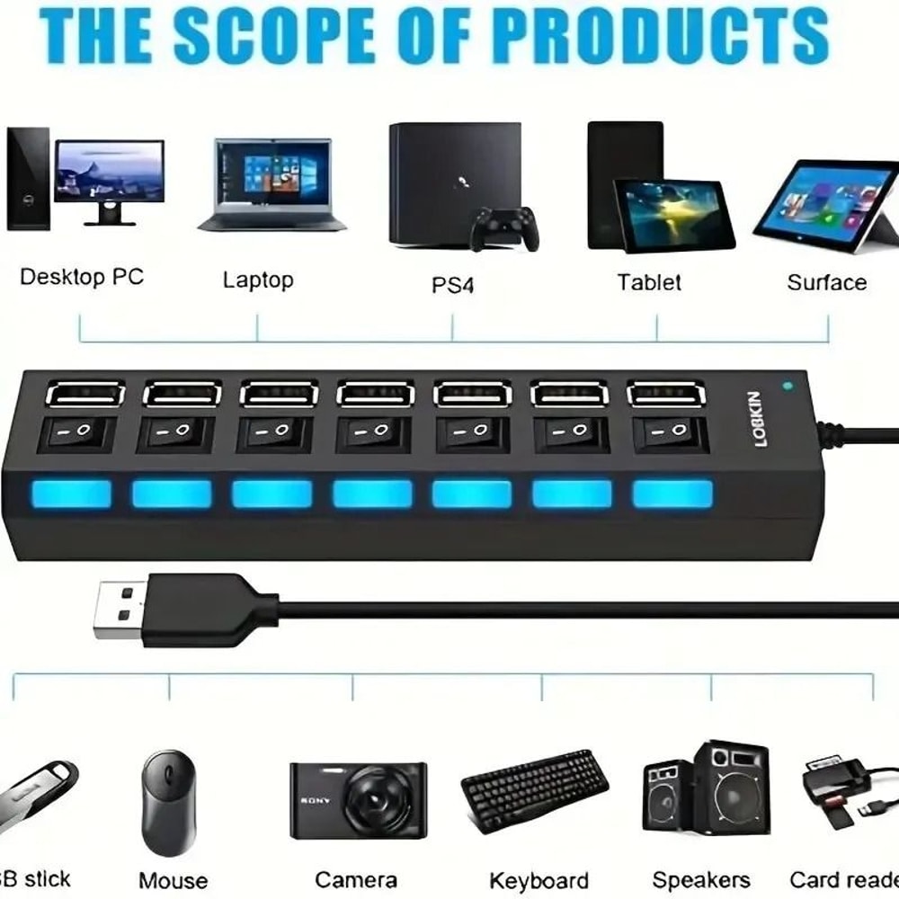 High Speed USB Hub 4 Port Or 7 Port Multi Splitter With LED Switch For PC And Laptop 5
