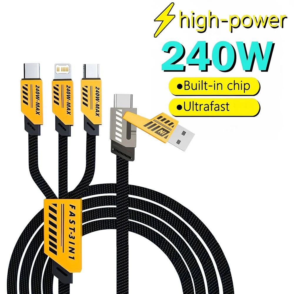 240W Nylon Braided Fast Charging Cable With 3in1 Multiport Connectors 0