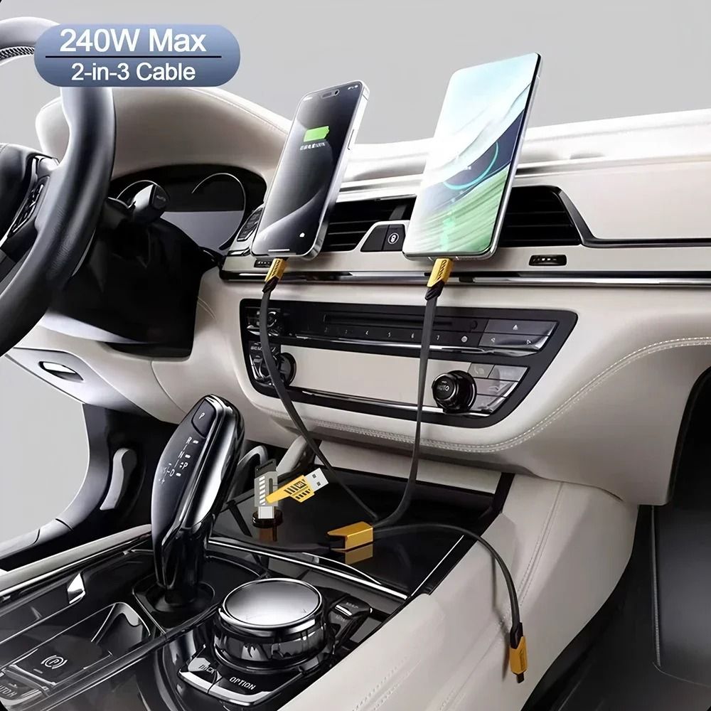 240W Nylon Braided Fast Charging Cable With 3in1 Multiport Connectors 2