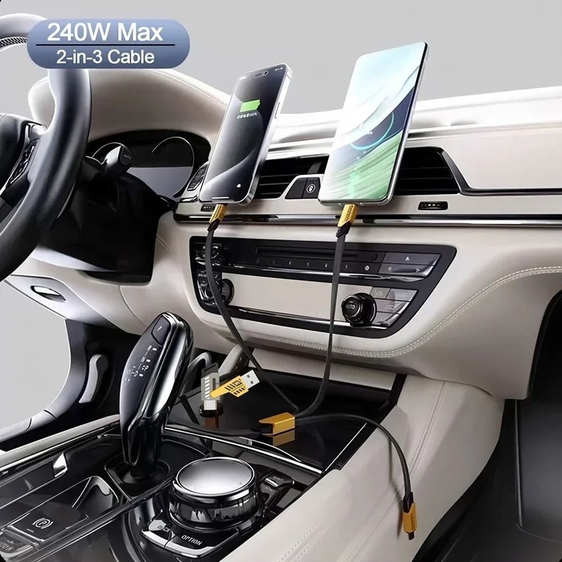 240W Nylon Braided Fast Charging Cable With 3in1 Multiport Connectors 2