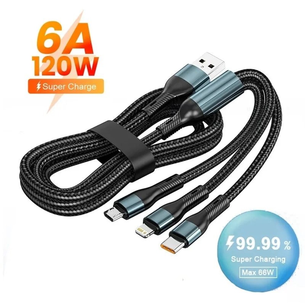 120W 3in1 Fast Charging Cable With Multiport Connectors 6