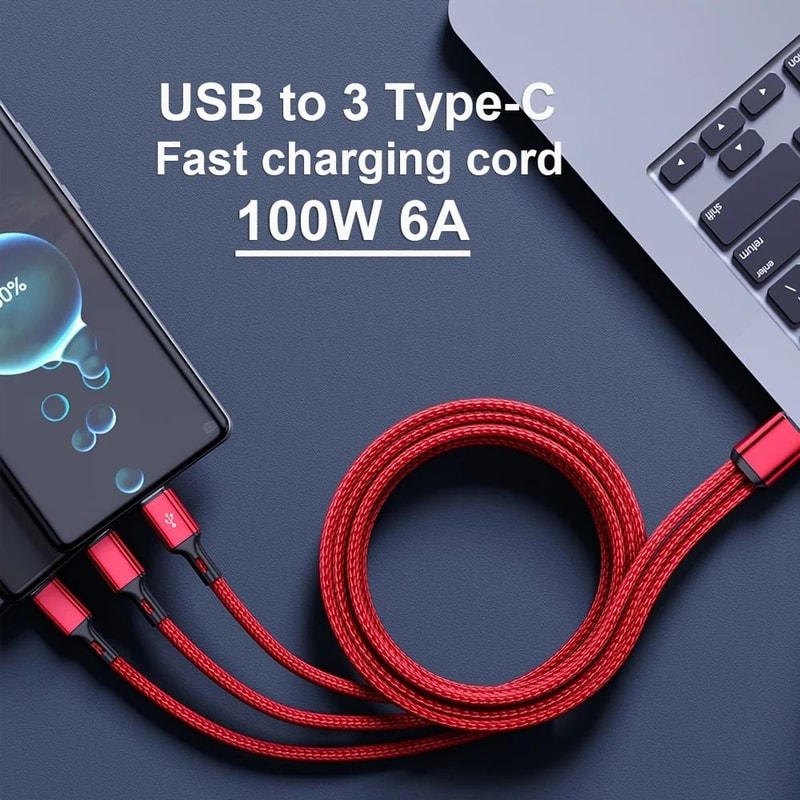 100W 3in1 Fast Charging Cable With Triple USBC Connectors 2