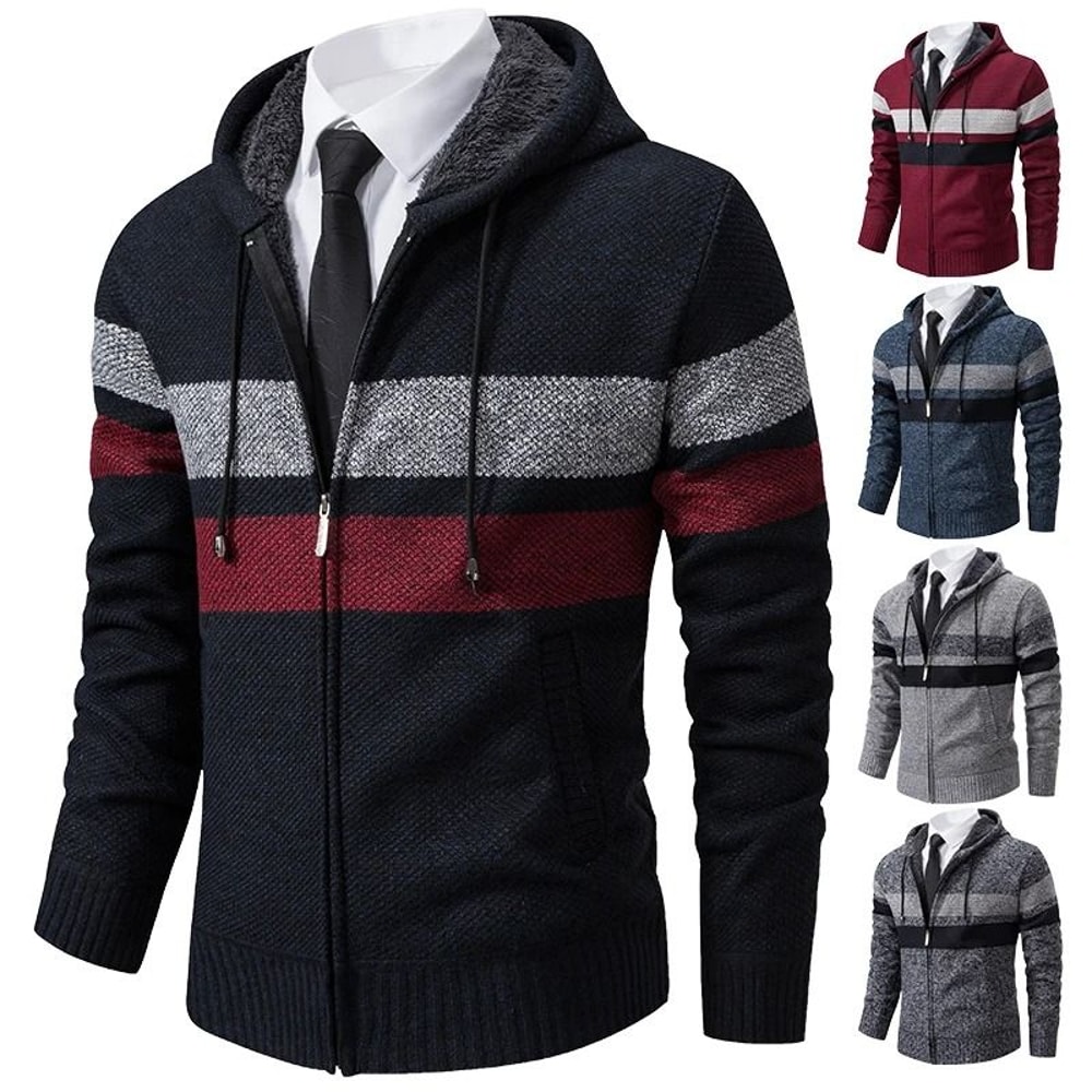 Mens Warm Striped Hooded Knit Cardigan For Autumn And Winter 0