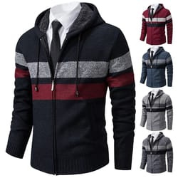 mens warm striped hooded knit cardigan for autumn and winter