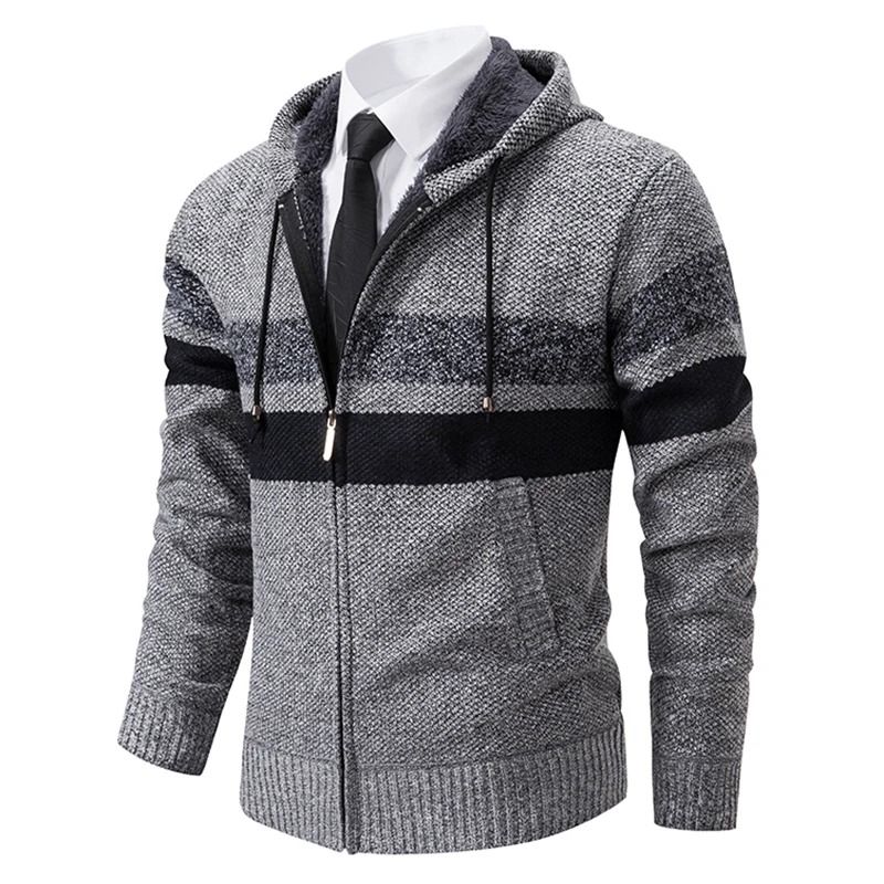 Mens Warm Striped Hooded Knit Cardigan For Autumn And Winter 8