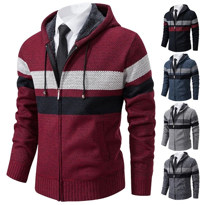 Mens Warm Striped Hooded Knit Cardigan For Autumn And Winter 1