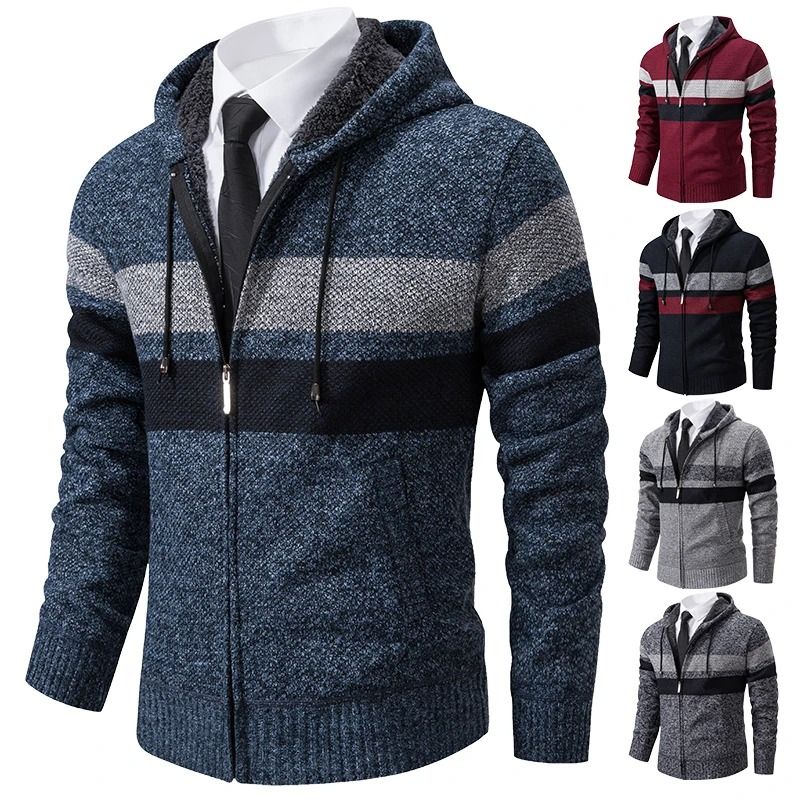 Mens Warm Striped Hooded Knit Cardigan For Autumn And Winter 2