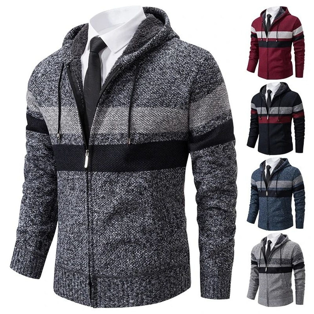 Mens Warm Striped Hooded Knit Cardigan For Autumn And Winter 4