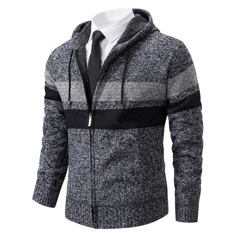 Mens Warm Striped Hooded Knit Cardigan For Autumn And Winter 7