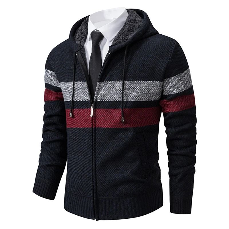 Mens Warm Striped Hooded Knit Cardigan For Autumn And Winter 9