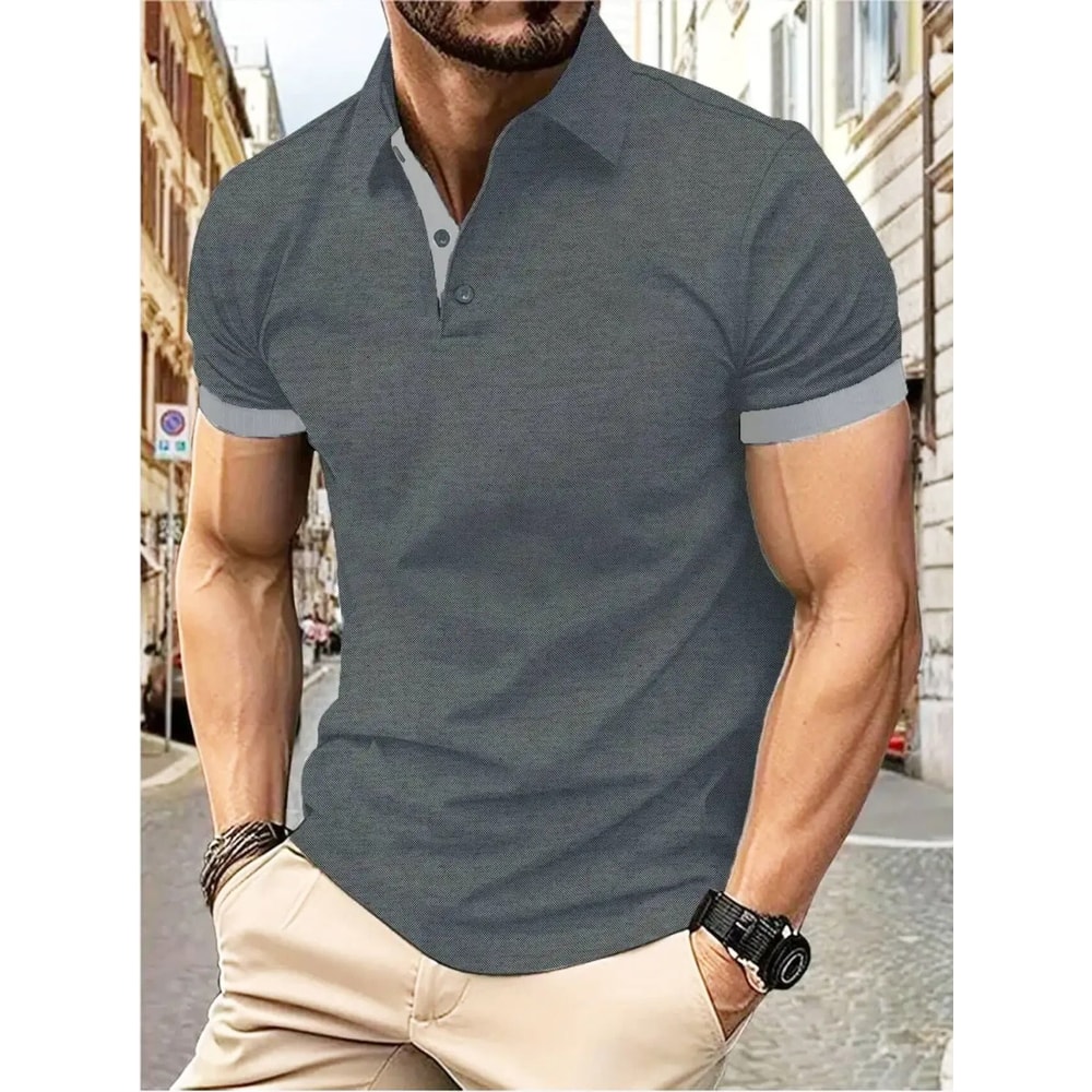 Mens Color Block Lapel Short Sleeve Shirt 10