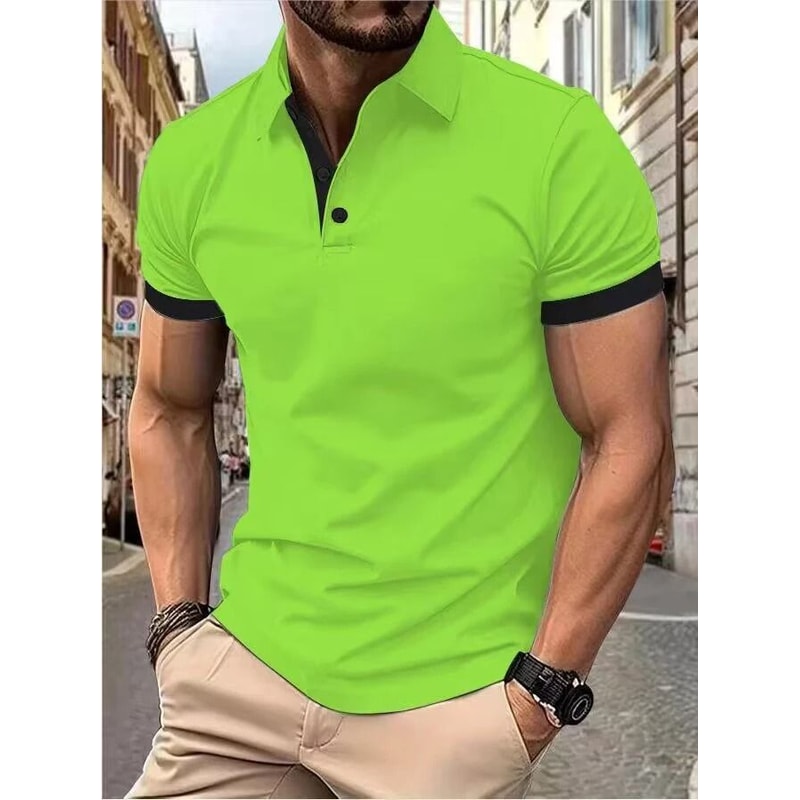Mens Color Block Lapel Short Sleeve Shirt 11