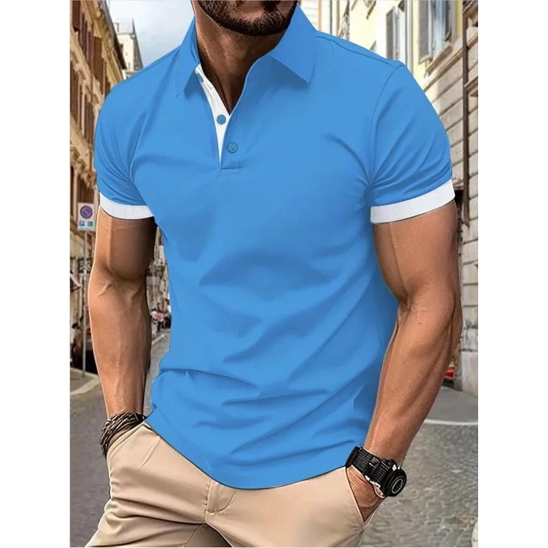 Mens Color Block Lapel Short Sleeve Shirt 12