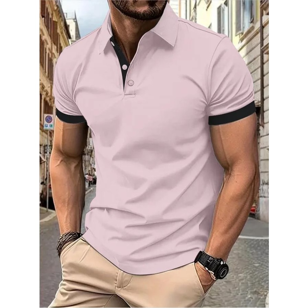 Mens Color Block Lapel Short Sleeve Shirt 15