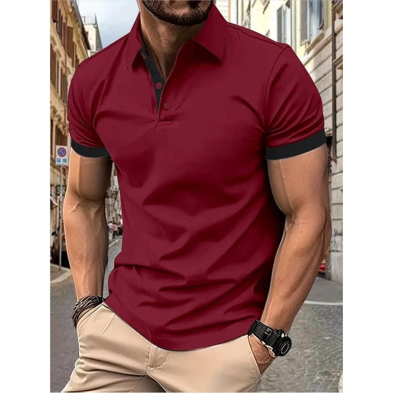 Mens Color Block Lapel Short Sleeve Shirt 16