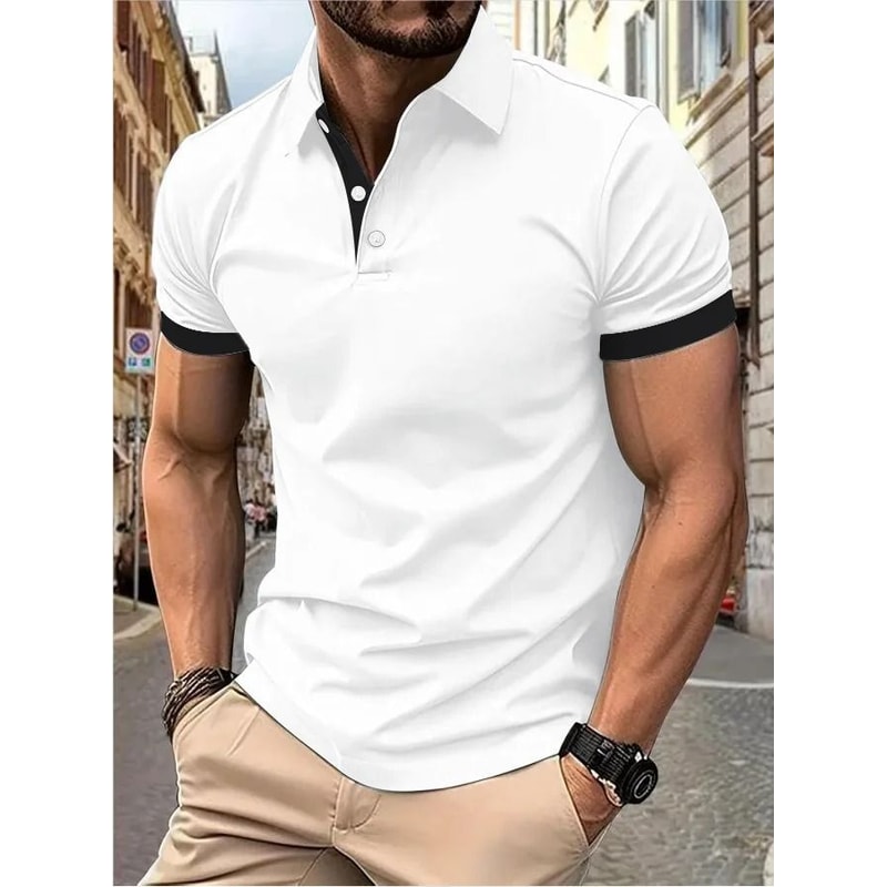 Mens Color Block Lapel Short Sleeve Shirt 17