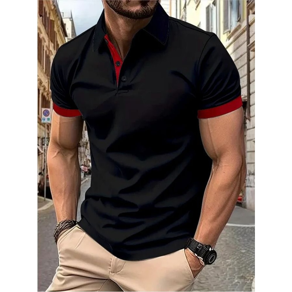 Mens Color Block Lapel Short Sleeve Shirt 6