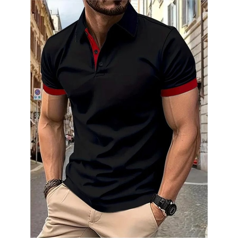 Mens Color Block Lapel Short Sleeve Shirt 6
