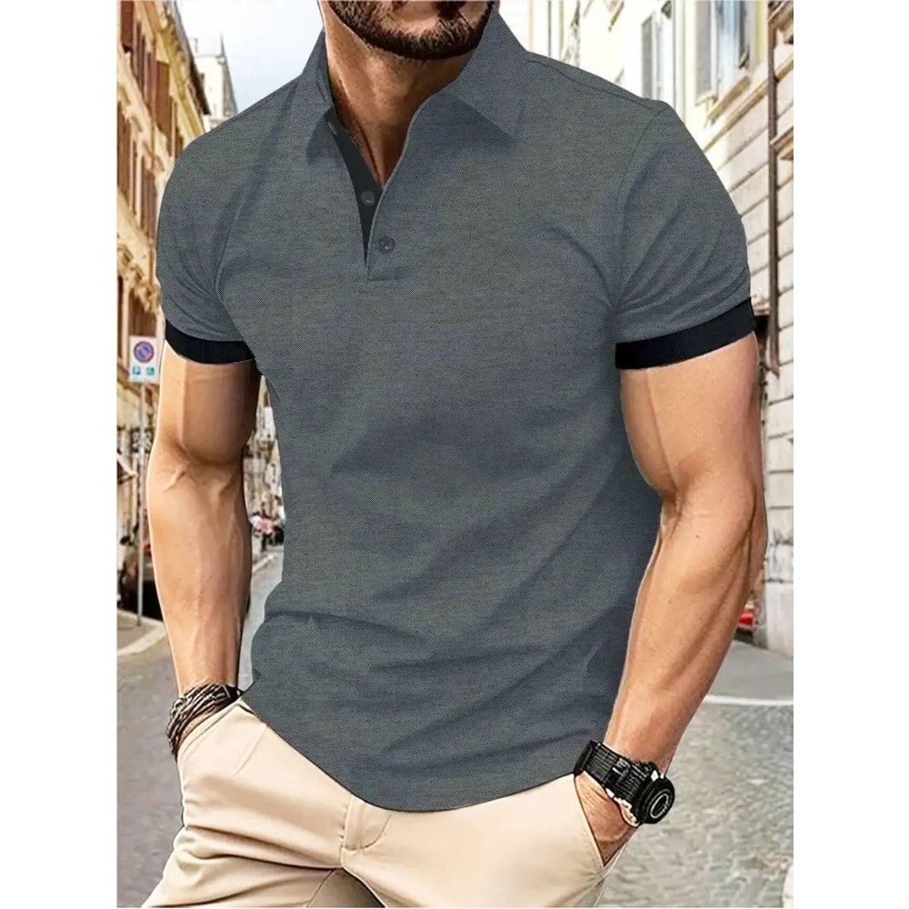 Mens Color Block Lapel Short Sleeve Shirt 7