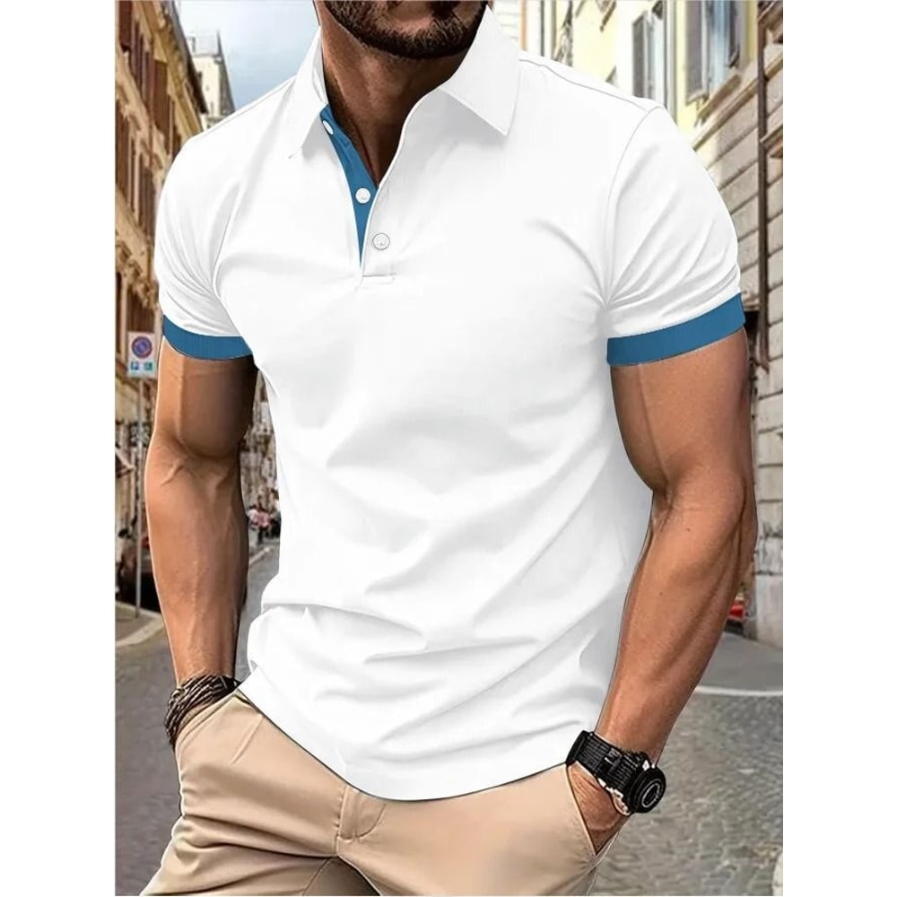 Mens Color Block Lapel Short Sleeve Shirt 21