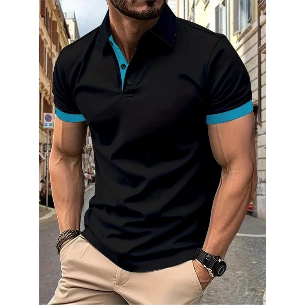Mens Color Block Lapel Short Sleeve Shirt 23