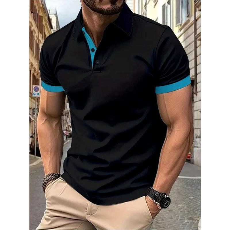 Mens Color Block Lapel Short Sleeve Shirt 23