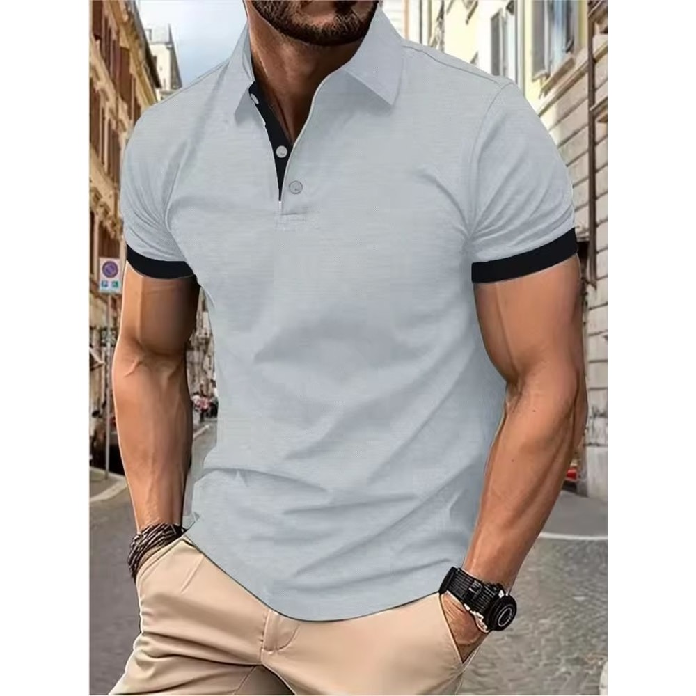 Mens Color Block Lapel Short Sleeve Shirt 24