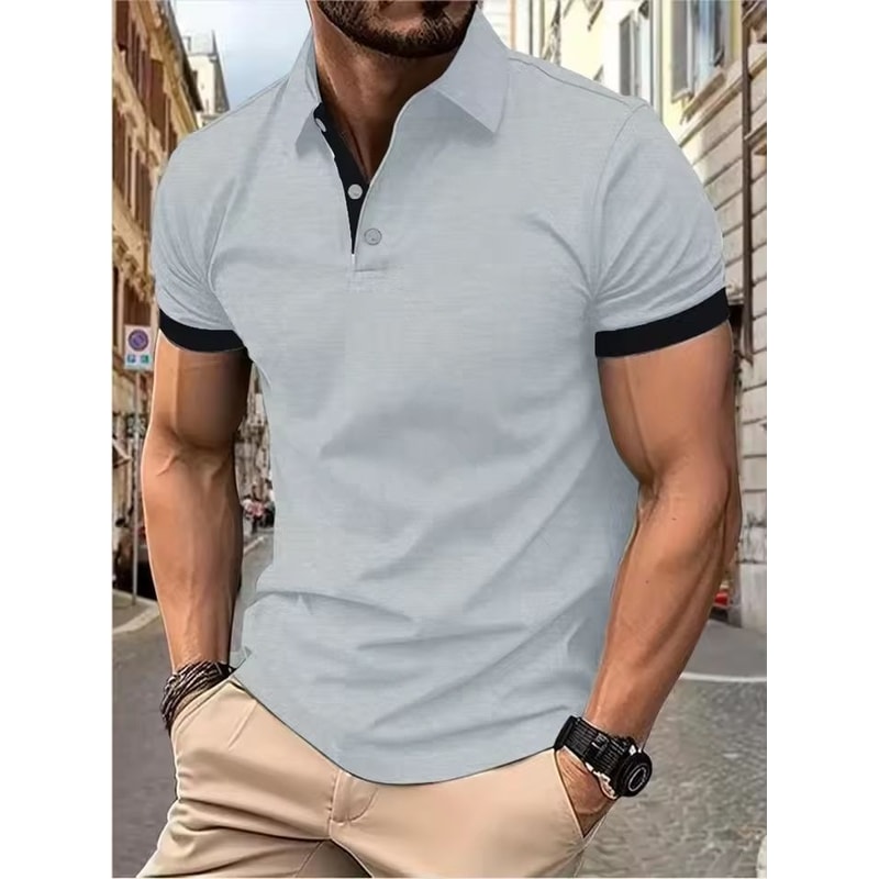 Mens Color Block Lapel Short Sleeve Shirt 24