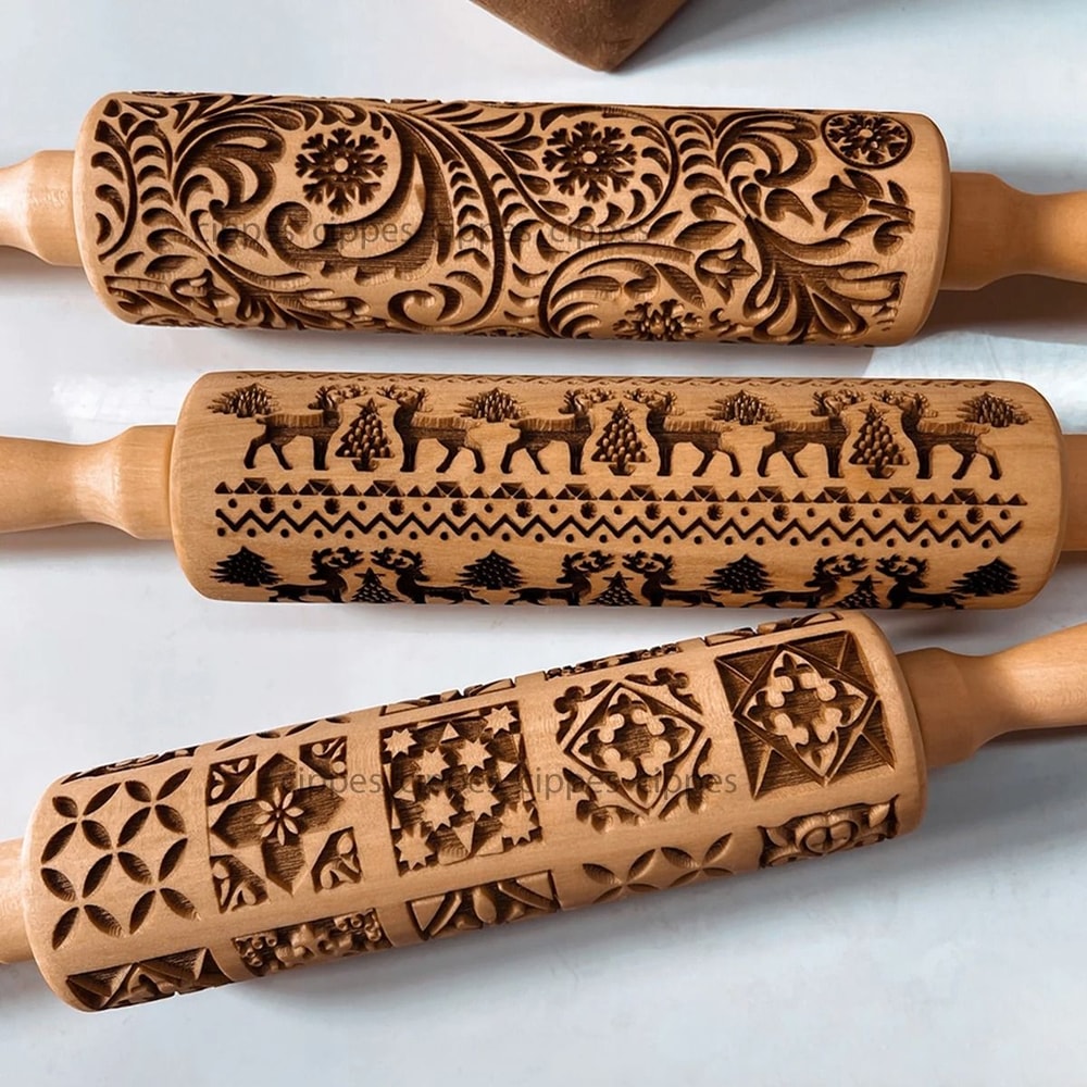 Embossed Wooden Rolling Pin For Holiday Cookies 2