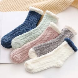 thick coral fleece winter socks for women, 5 pair set