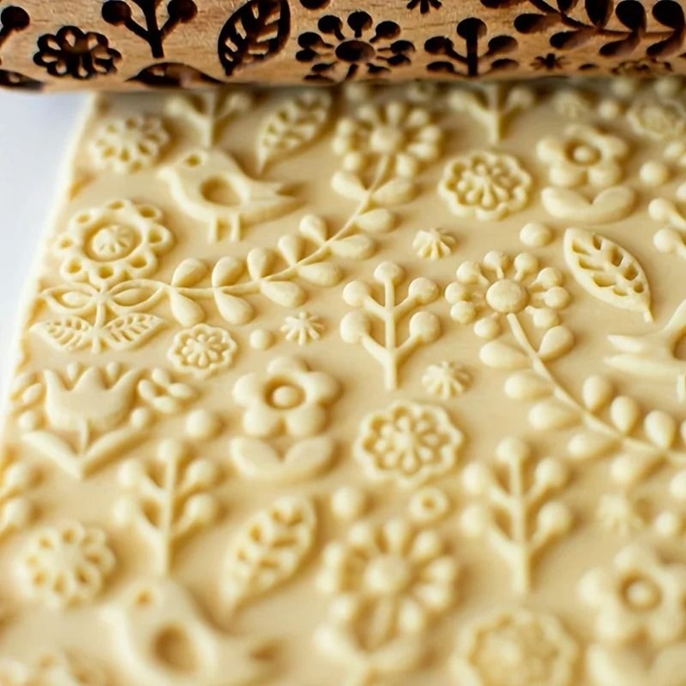 Embossed Wooden Rolling Pin With Laser Engraved Pattern 0