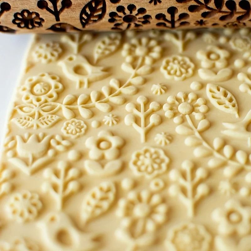 Embossed Wooden Rolling Pin With Laser Engraved Pattern 1