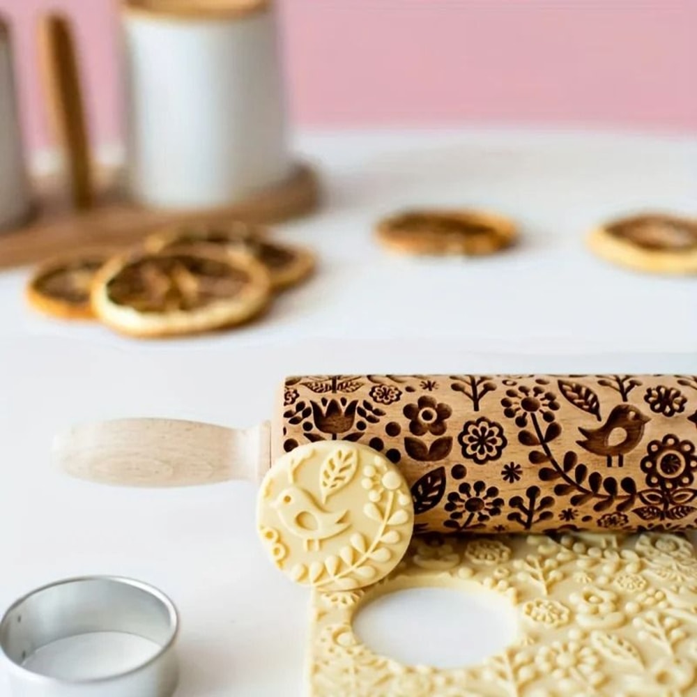 Embossed Wooden Rolling Pin With Laser Engraved Pattern 2