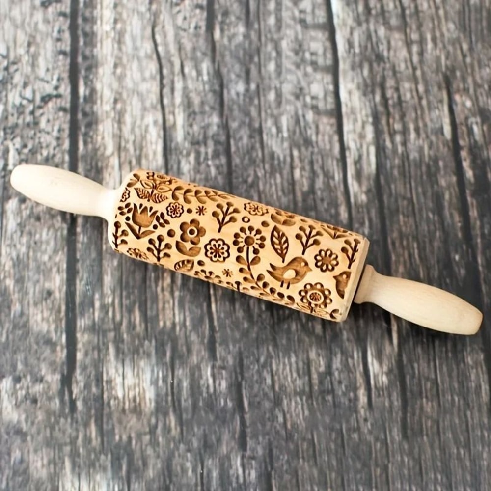 Embossed Wooden Rolling Pin With Laser Engraved Pattern 4