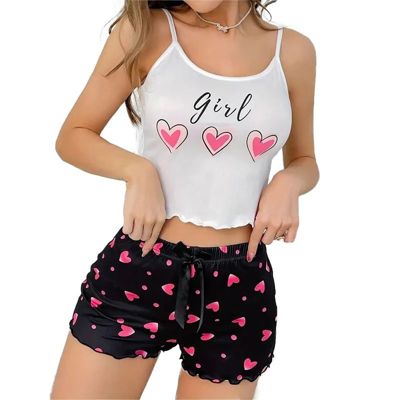 Womens Pink Heart Pajama Set With Camisole And Shorts 2