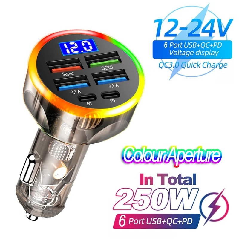 Fast Charge Car Charger With Digital Display 4 USB And 2 PD Ports 12