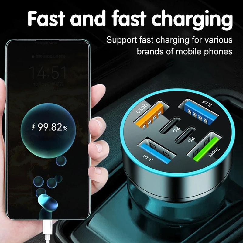 Car Charger Adapter 6 Port Fast Charging PD And QC30 With Digital Display 2