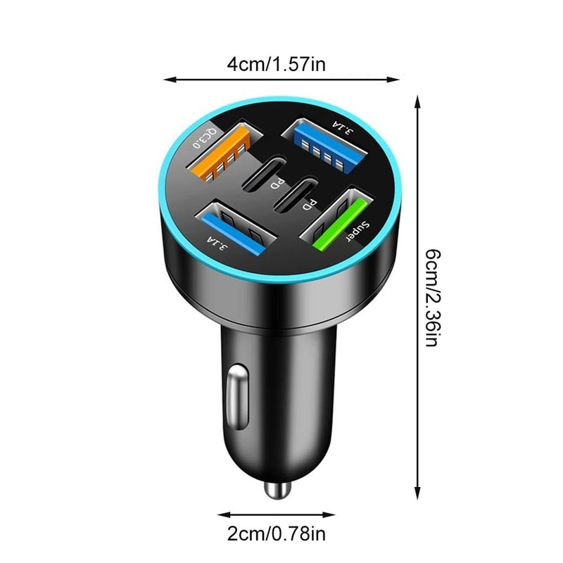 Car Charger Adapter 6 Port Fast Charging PD And QC30 With Digital Display 5