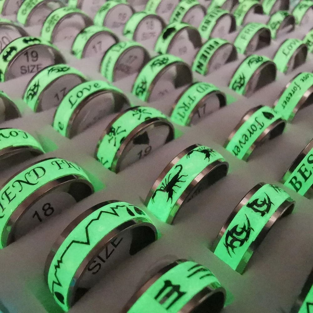 Glow In The Dark Stainless Steel Ring Set 10 Piece Mix 2