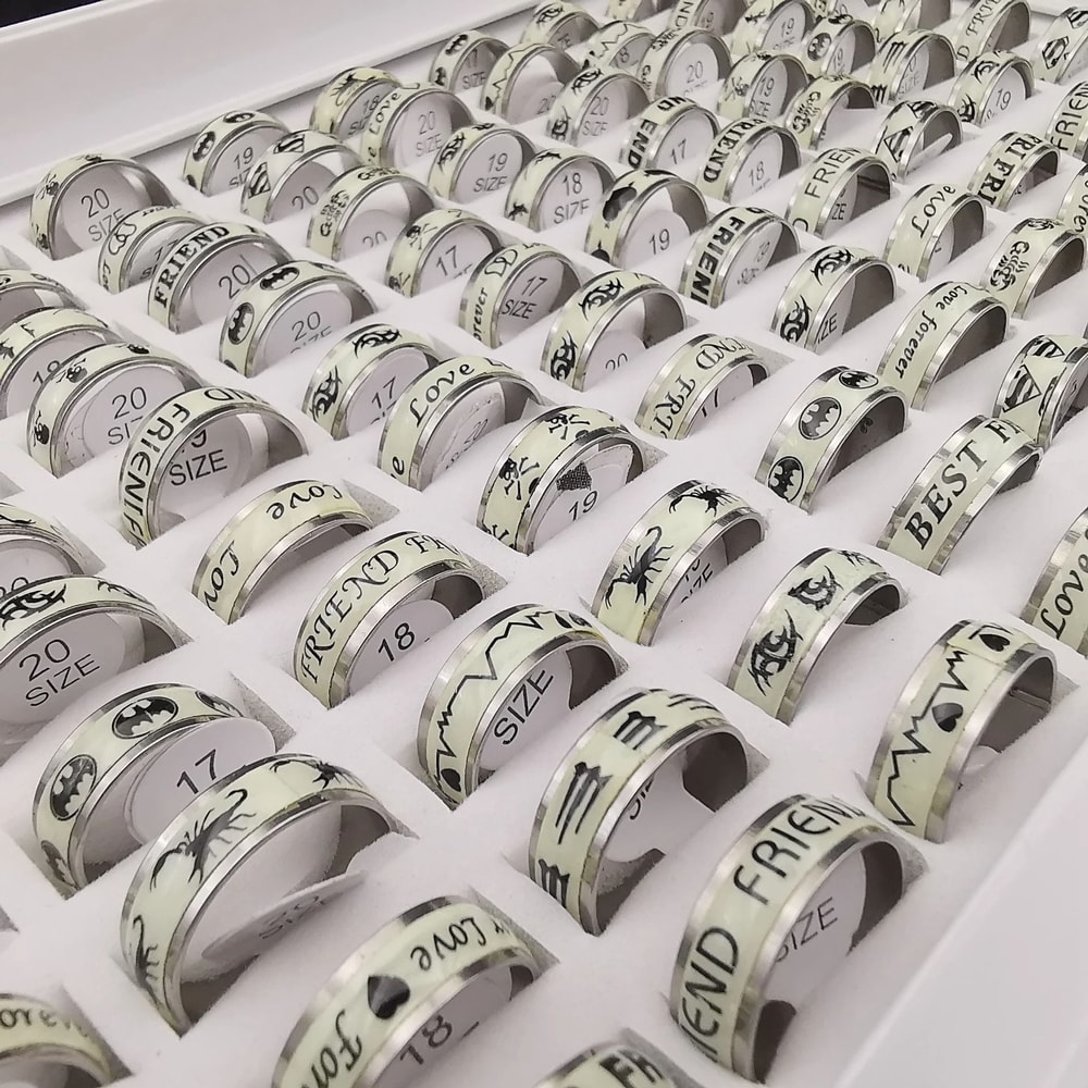 Glow In The Dark Stainless Steel Ring Set 10 Piece Mix 4