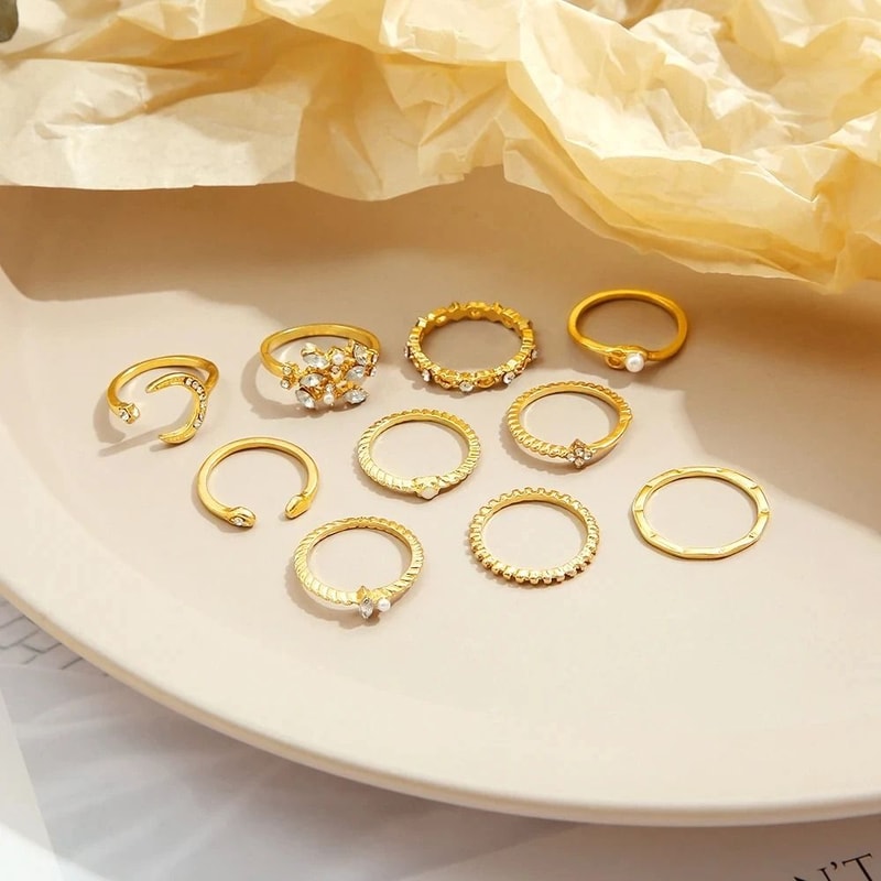 Bohemian Gold Tone Ring Set For Women 10 Piece 1