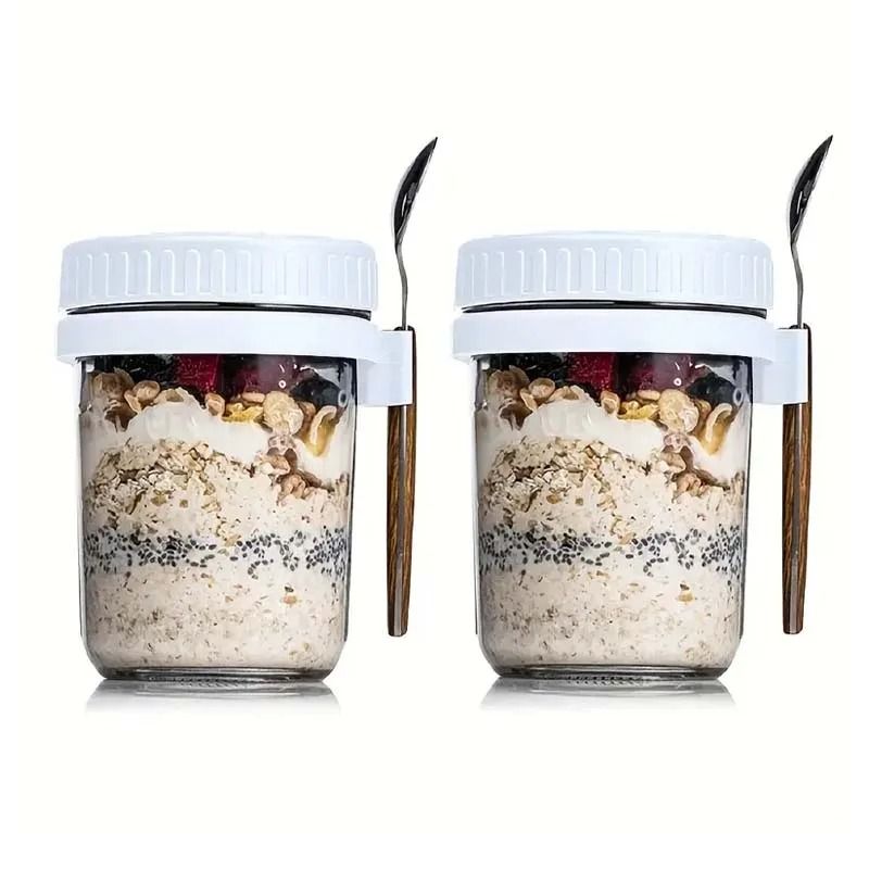 Overnight Oats Glass Container With Lid And Spoon Portable Breakfast Cup 0