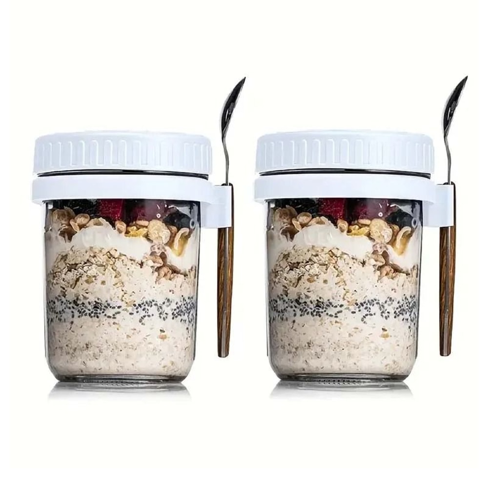 Overnight Oats Glass Container With Lid And Spoon Portable Breakfast Cup 1