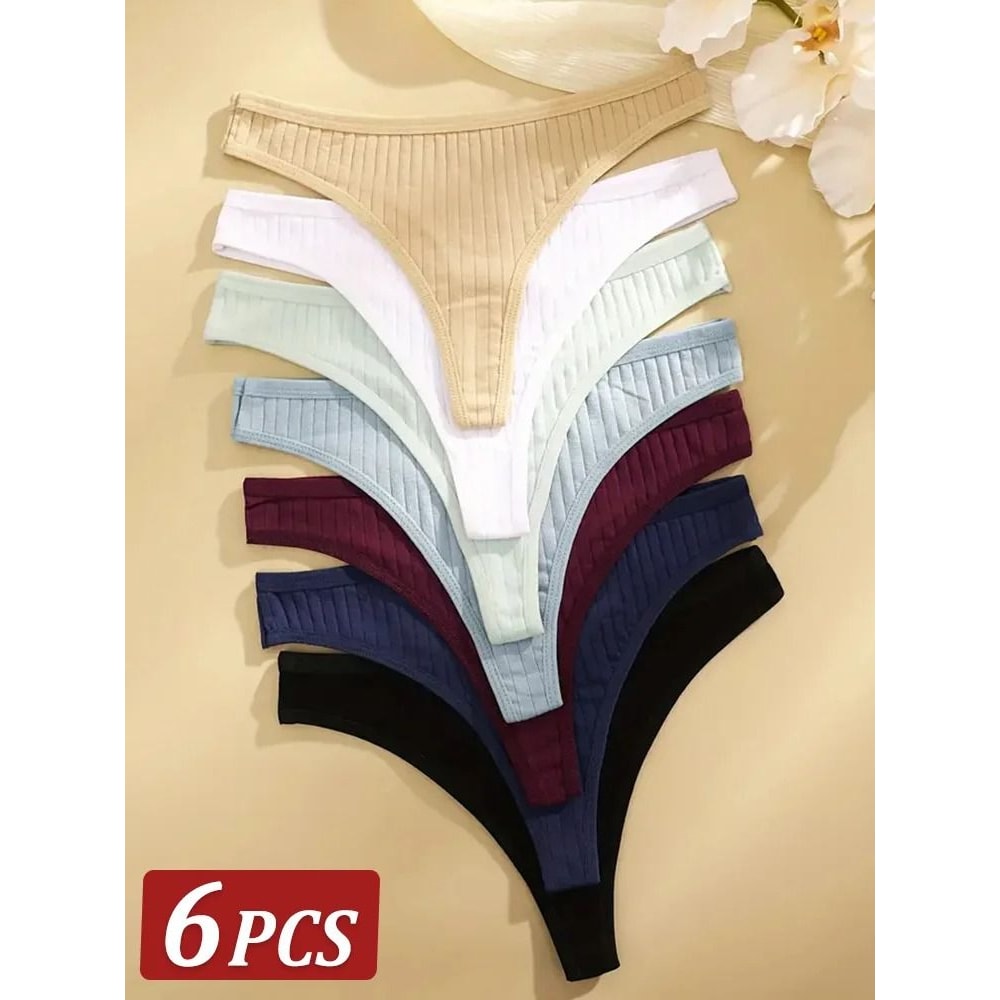 Womens Ribbed Cotton Thong Underwear Set 0
