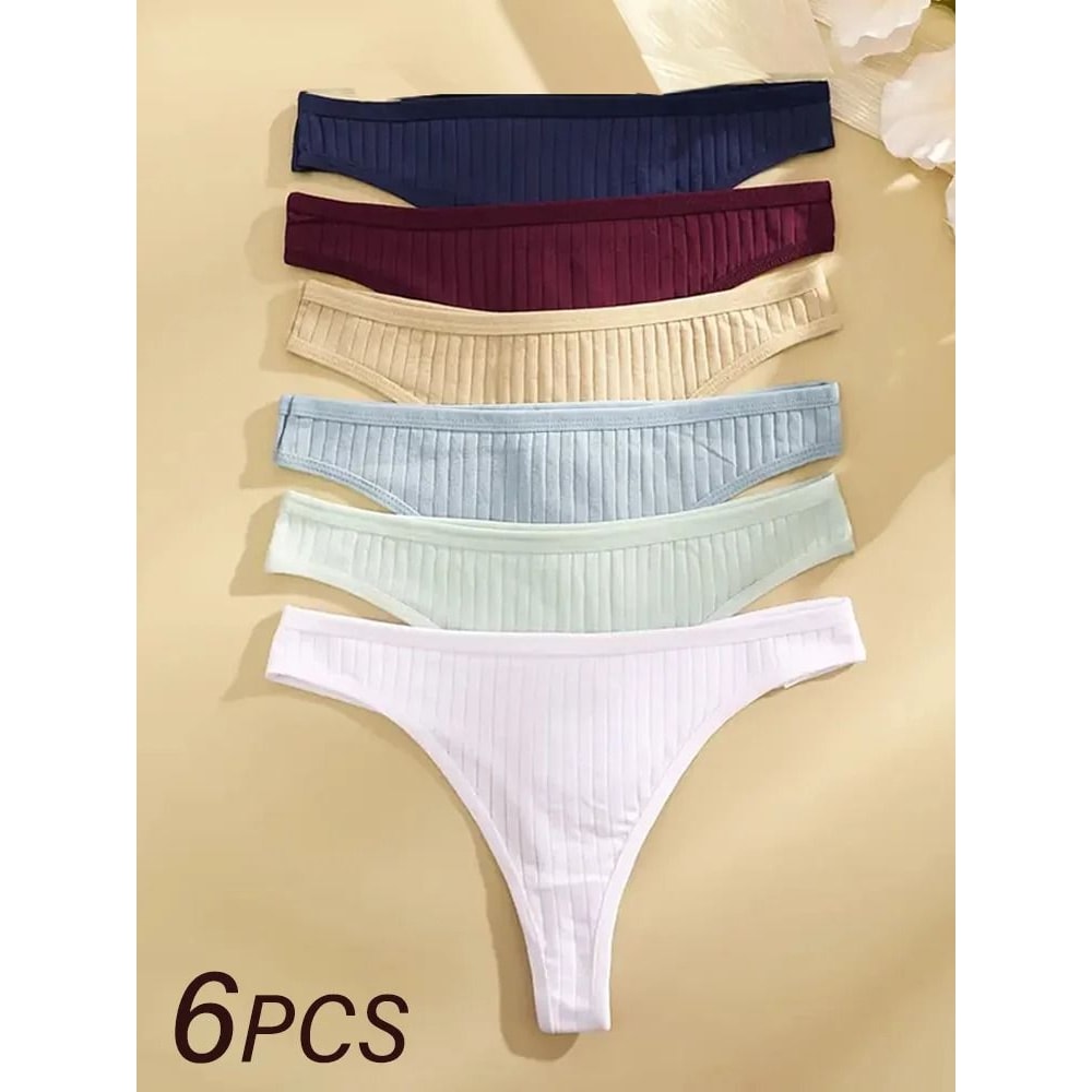 Womens Ribbed Cotton Thong Underwear Set 5